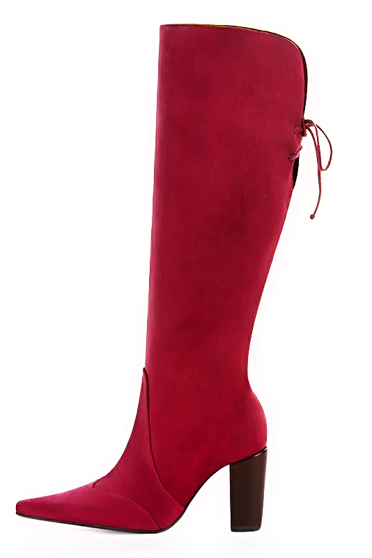 Cardinal red women's knee-high boots, with laces at the back. Pointed toe. High block heels. Made to measure. Profile view - Florence KOOIJMAN